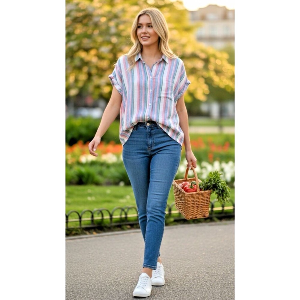 Orvis Pastel Striped Button-Up Blouse in Pink, Blue, Green